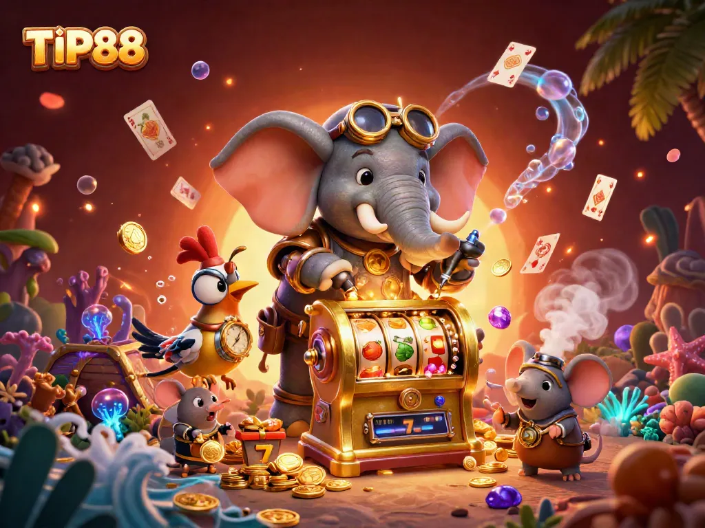 Experience the thrill of TIP88 with a vibrant steampunk-inspired casino scene featuring engaging characters and exciting game elements.