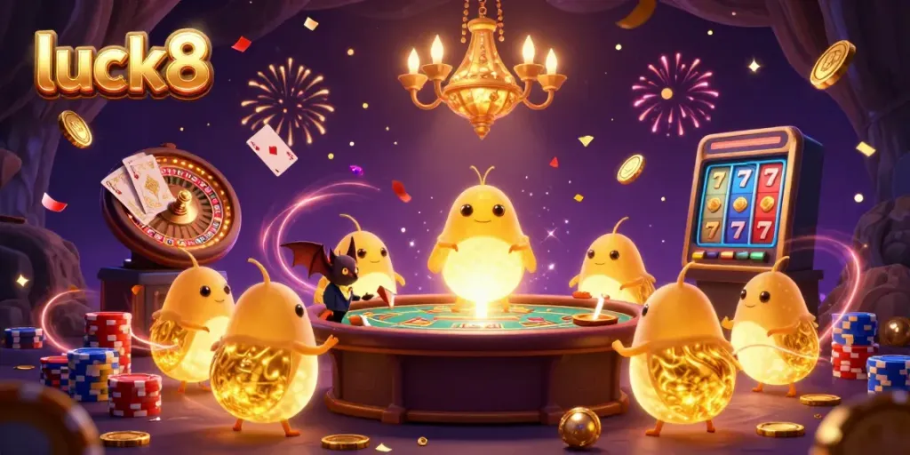 Experience the excitement of luck8 in this vibrant cave casino with glowing characters, casino games, and golden winnings.