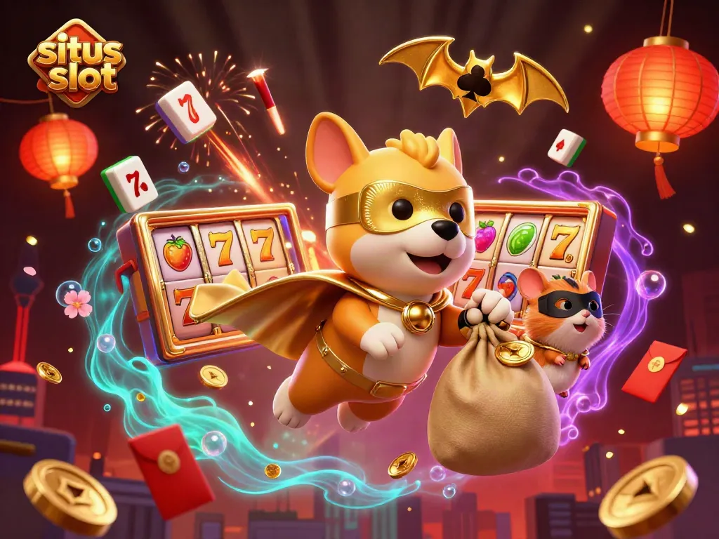 Gambar situs slot yang menunjukkan pahlawan anjing dan hamster di antara simbol slot dan koin emas