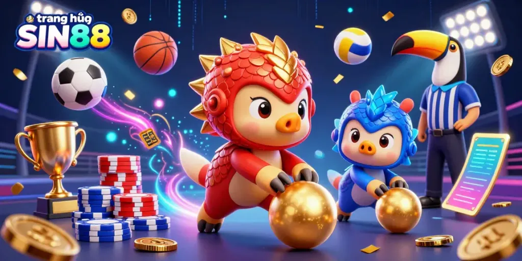 Engage with the vibrant gaming scene at trang chủ SIN88 featuring rival pangolins in action with dynamic sports elements.
