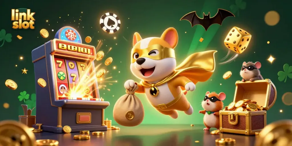 Experience thrilling link slot action with a superhero dog and hamster amidst dazzling casino elements.