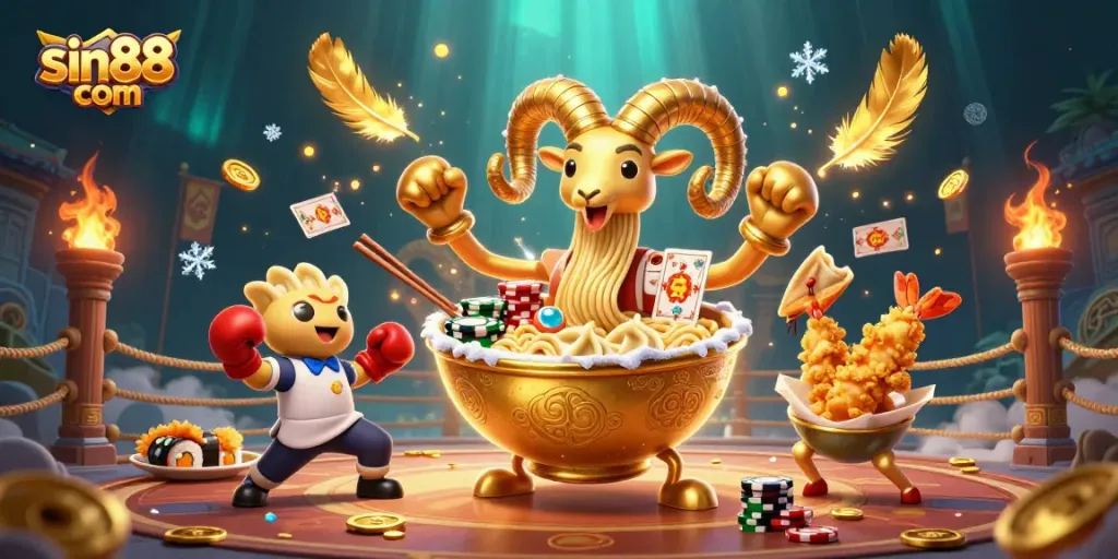 Engage in thrilling fun with sin88 com as the golden ramen bowl and friends stack chips in an action-packed casino.