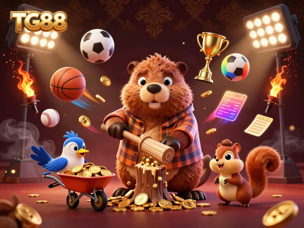 Experience the fun at TG88 with a cartoon beaver collecting golden coins amidst vibrant gaming elements.