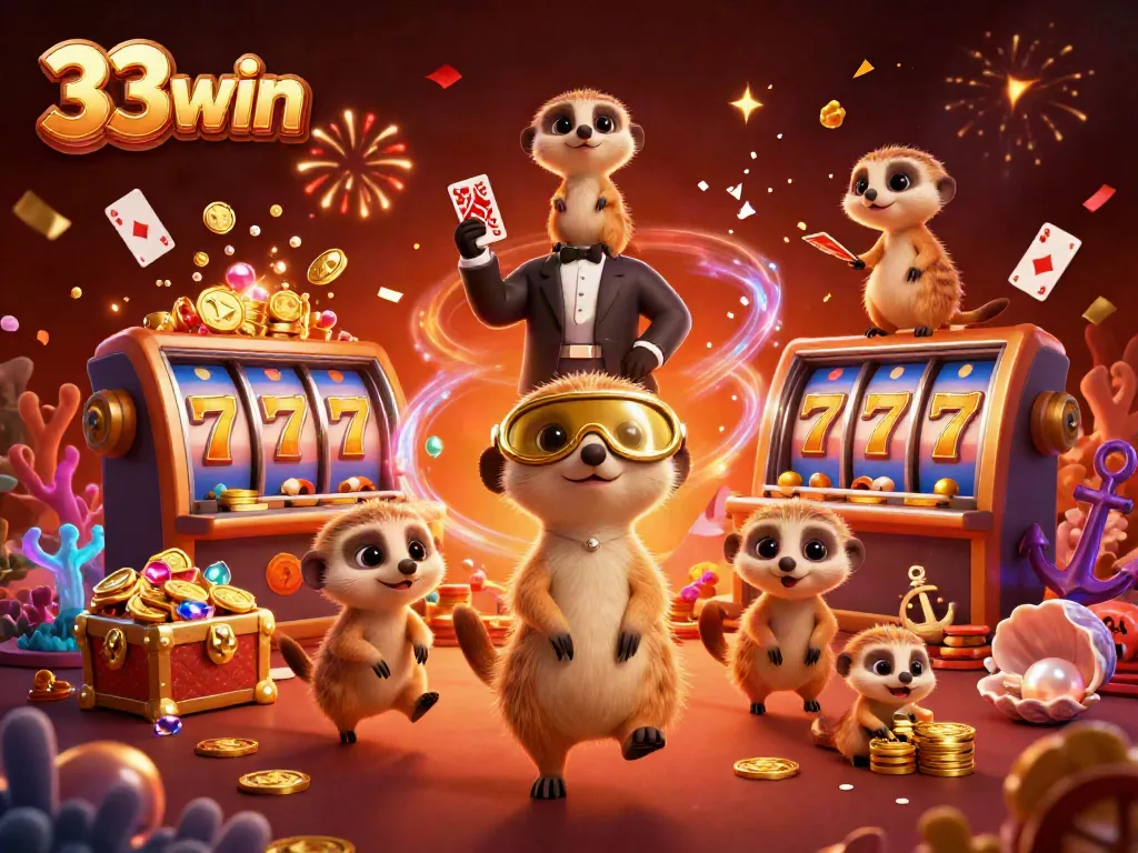 Engage with 33win’s unique gaming experience featuring lively meerkat characters in a vibrant casino.
