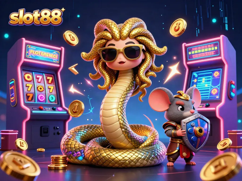 Join the action at slot88 with friendly Medusa and a warrior mouse surrounded by vibrant casino elements!