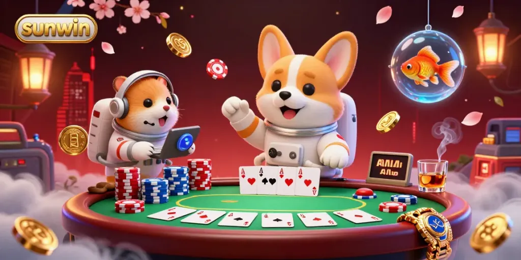 Experience the immersive world of sunwin with a playful corgi astronaut and vibrant casino elements.