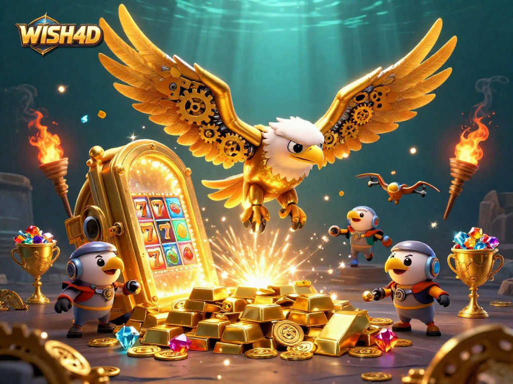 Experience thrilling wins with WISH4D as a cybernetic eagle dives through vibrant slot reels.