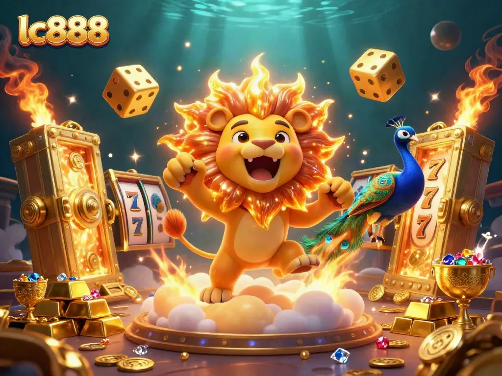 Experience the thrill of lc888 with a dazzling scene of a roaring lion and golden treasures in a vibrant casino illustration.
