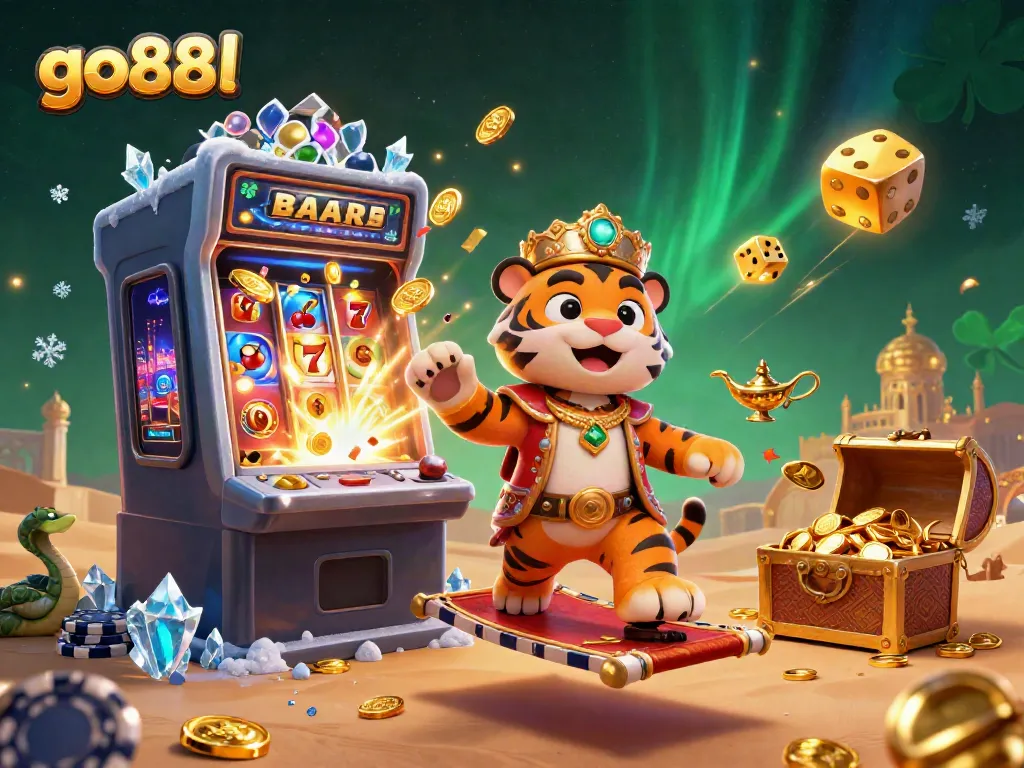 Engaging go88l scene featuring an Arabian Nights tiger sultan and casino elements bursting with excitement