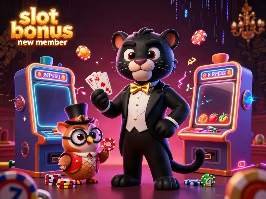 Engaging scene featuring slot bonus new member promotional elements with cartoon characters in a casino setting.