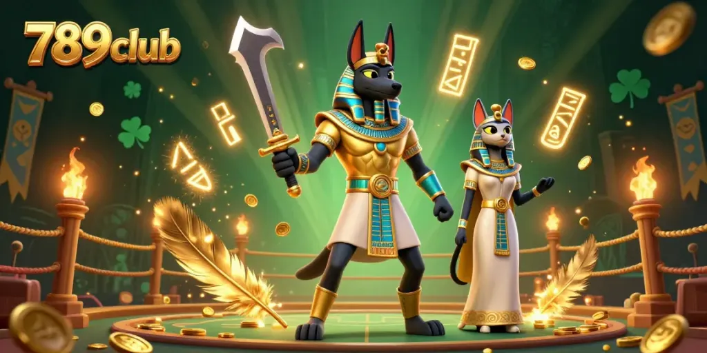 Engage with the vibrant world of 789club featuring Anubis and Bastet amidst dynamic gaming elements.