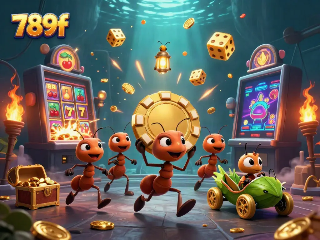 Experience thrilling wins at 789f with cartoon ants heisting a giant poker chip amidst casino chaos.