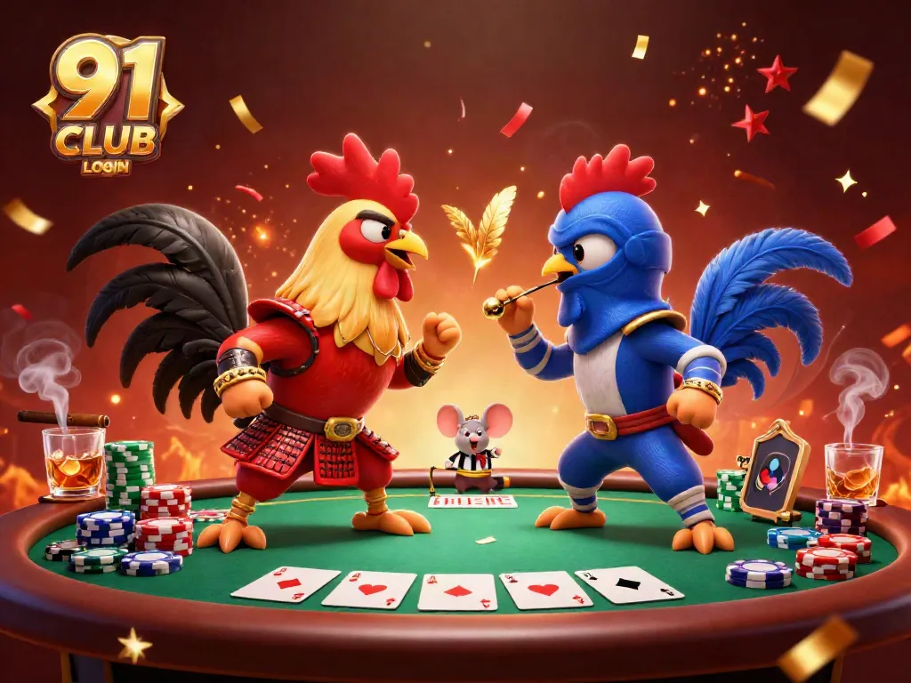 Experience the thrill of 91 CLUB LOGIN with battling roosters, poker action, and dynamic casino elements.
