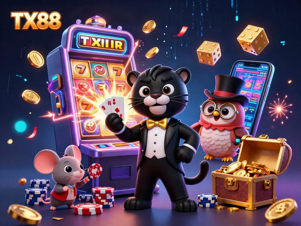 Experience the excitement of TX88 with a stylish panther dealer, owl, and lucky mouse amidst vibrant casino scenes.