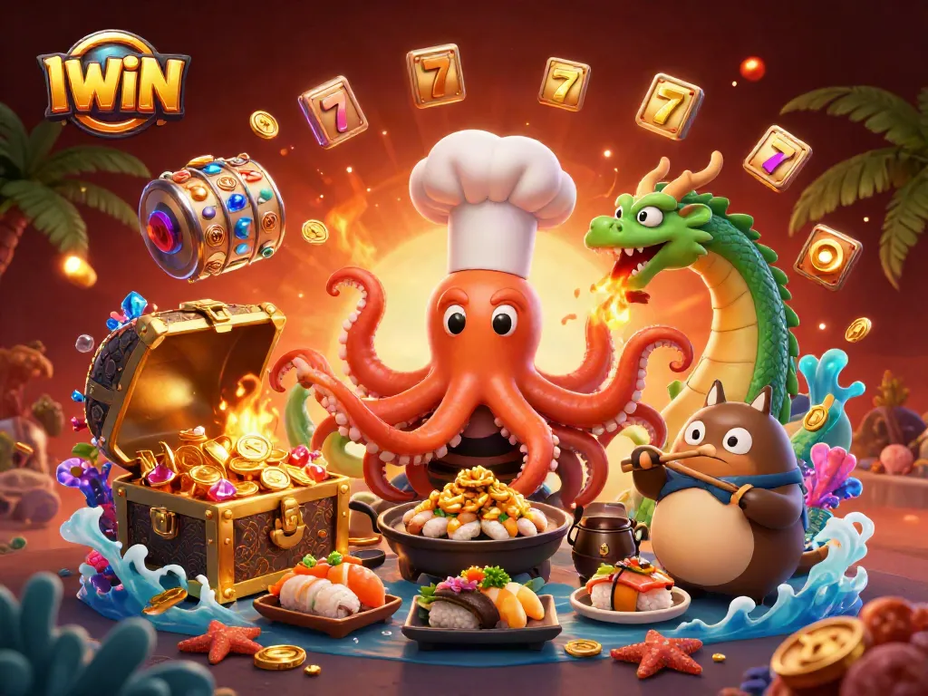 IWIN players enjoy a vibrant casino scene with a sushi chef octopus and dragon amidst action-packed slot games.
