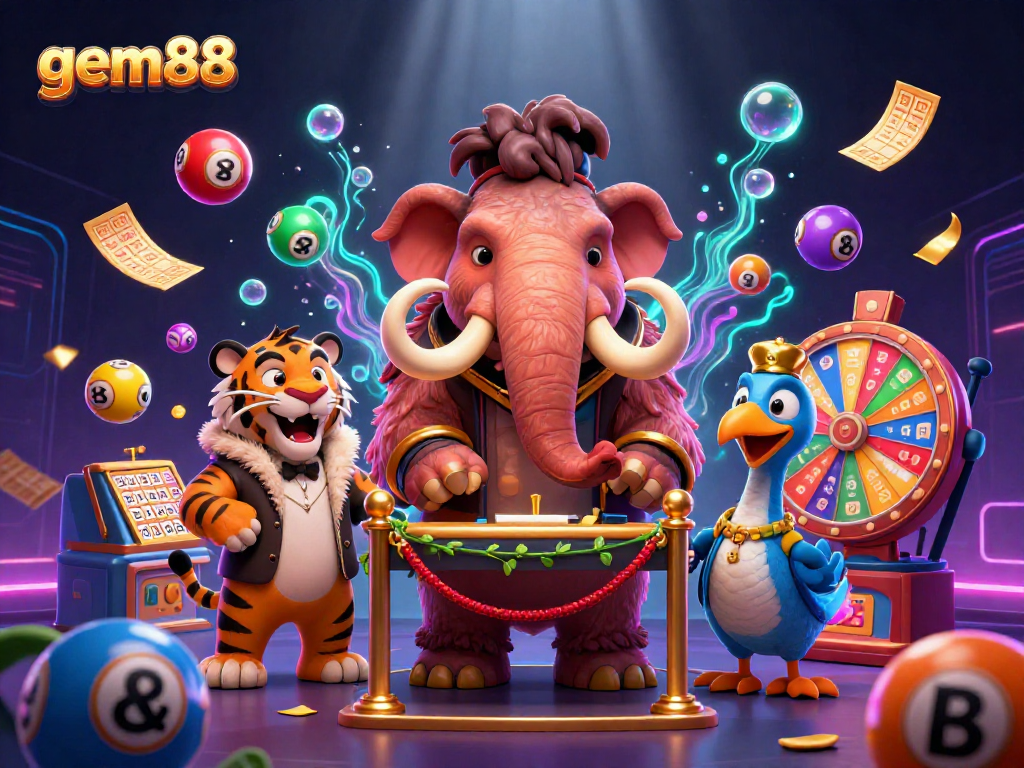 Experience the excitement of gem88 with a vibrant 3D scene featuring a woolly mammoth bouncer and more.