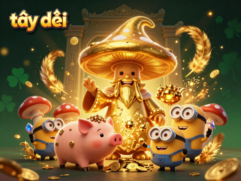 Experience thrilling online casino magic with "tại đây", featuring vibrant illustrations of wizards, treasures, and games.