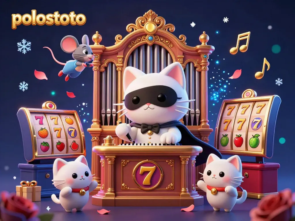 Play exciting slots at Polostoto with a lively scene of a phantom cat and mouse acrobat amidst colorful casino elements.