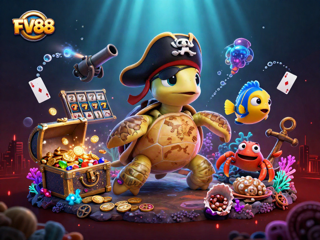 Engage with FV88's vibrant gaming scene featuring a cartoon turtle pirate and treasure elements.