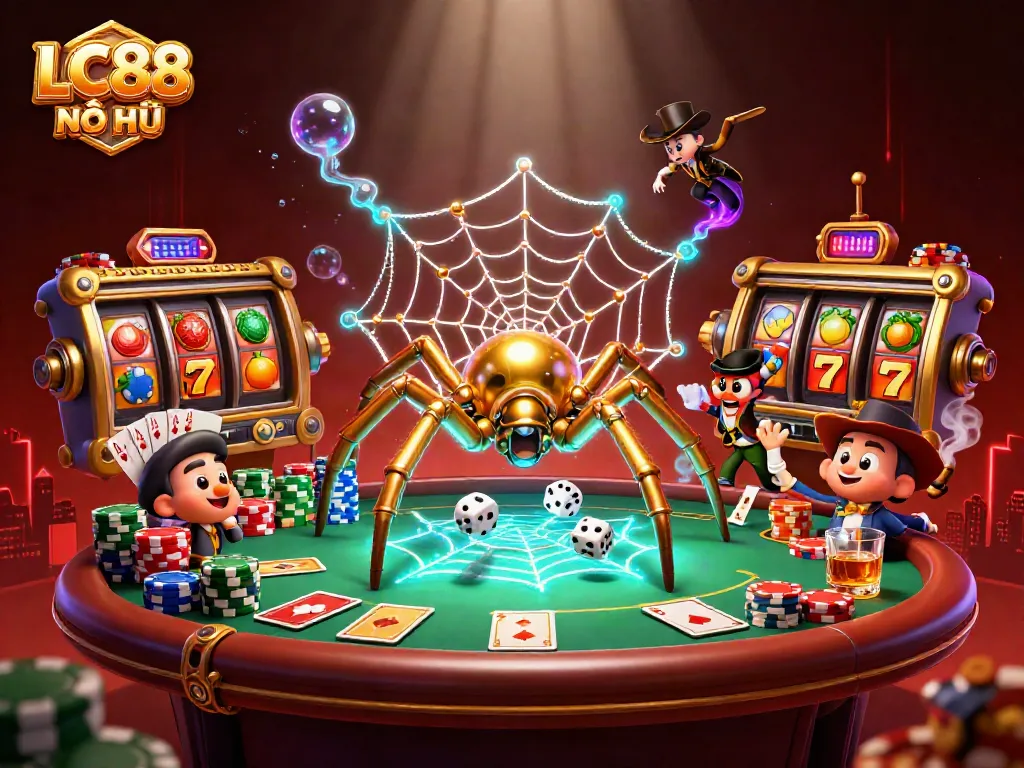 Experience thrilling LC88 NỔ HŨ gameplay as dice get caught in the golden web while vibrant slot reels shine.