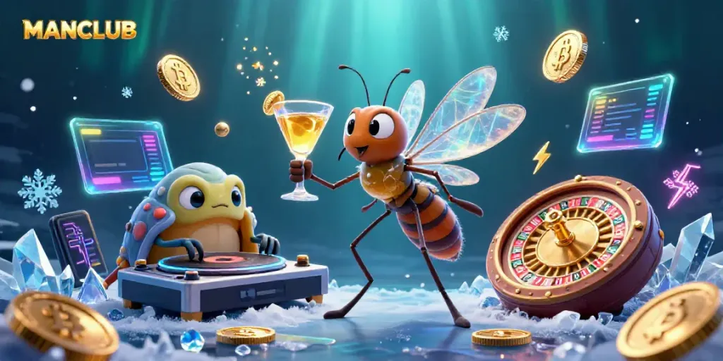 Engage in thrilling MANCLUB casino gaming featuring lively cartoon characters and vibrant crypto elements.