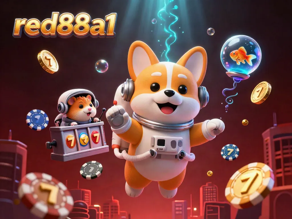 Win big with red88a1 in a lively online casino scene featuring a corgi and dazzling elements.