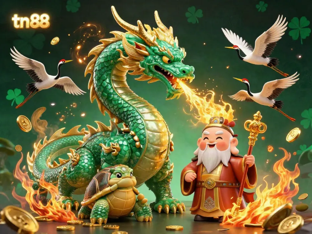 Experience the excitement of tn 88 with a massive jade dragon and lucky symbols in a vibrant casino scene.