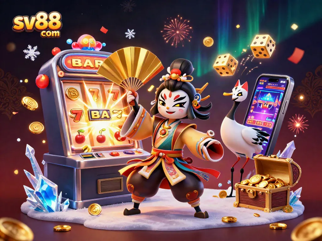 Engage with sv88 com's exciting slots as a kabuki warrior cranes and their festive companions adorn a jackpot scene.