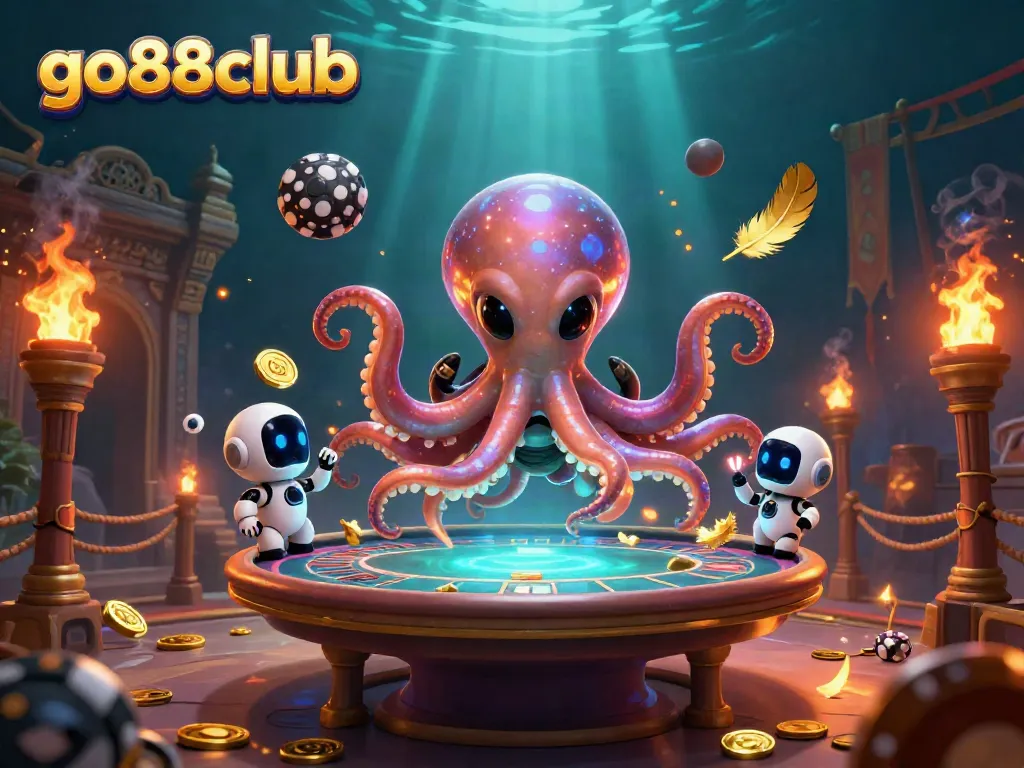 Experience the captivating universe of go88club, where an alien octopus masterfully operates a holographic poker table.
