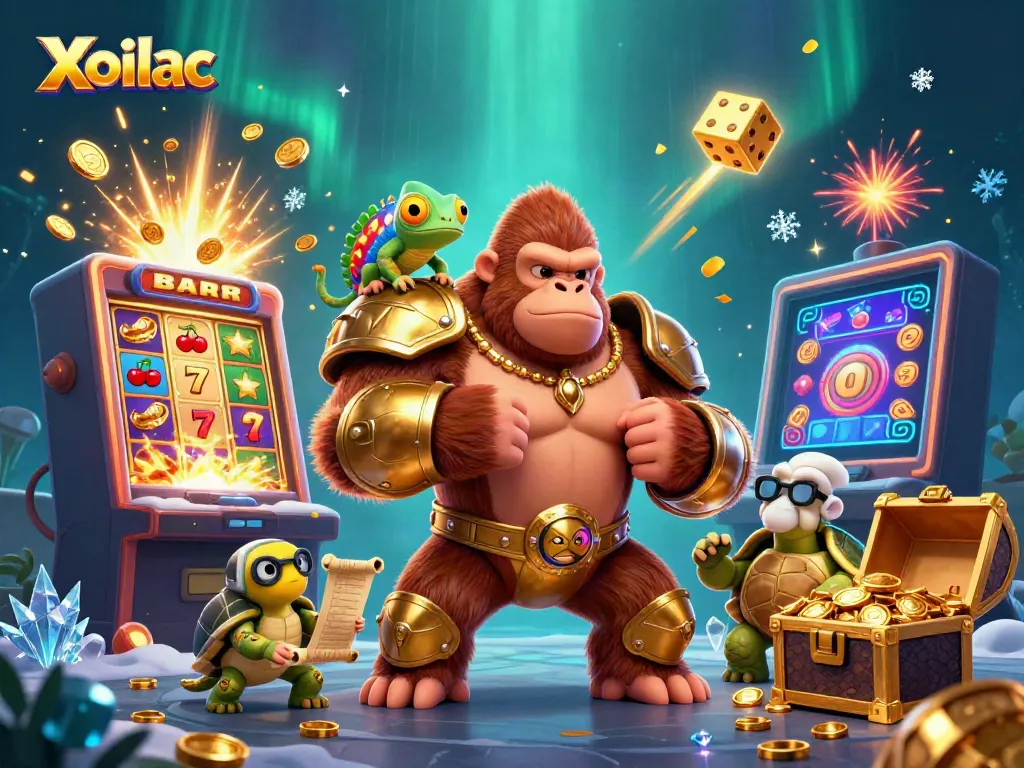 Xoilac delivers thrilling experiences with a king gorilla, chameleon, and tortoise amidst vibrant gambling elements.