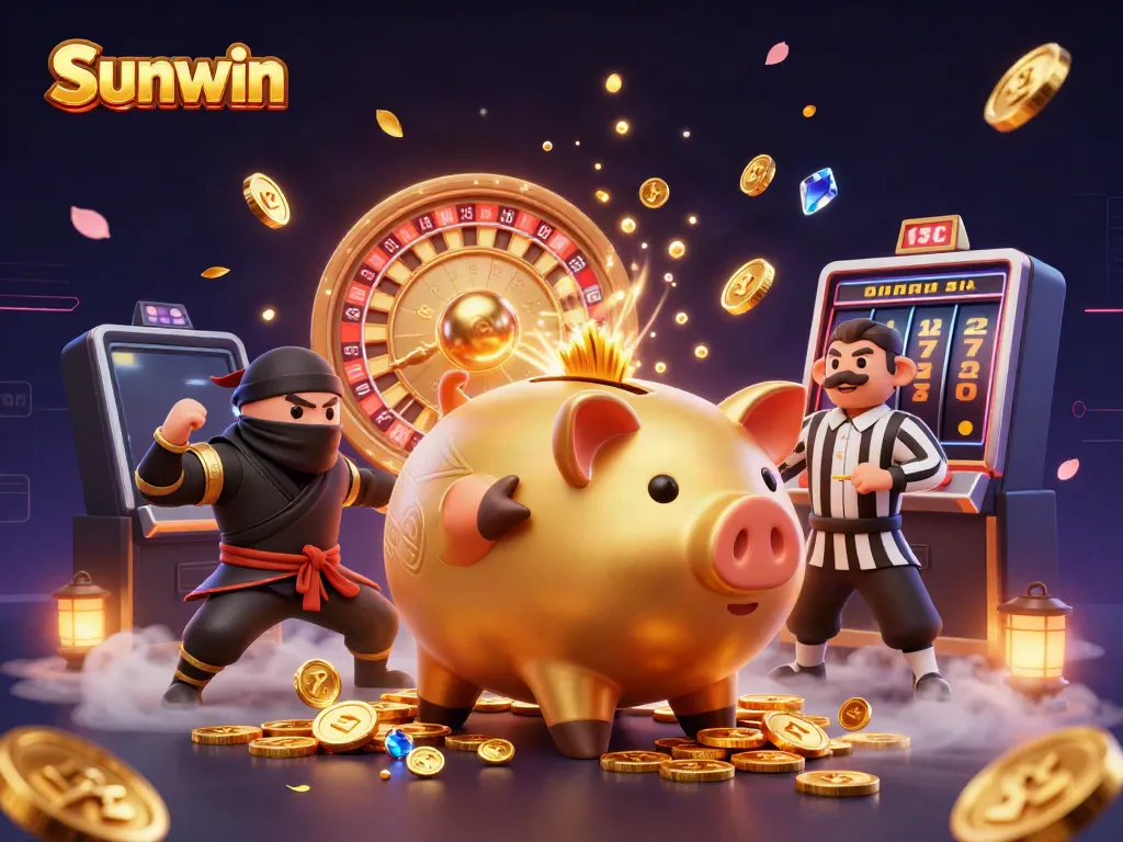 Play games and win bonuses at Sunwin, featuring a lively scene with a sumo wrestler and dynamic gaming elements.