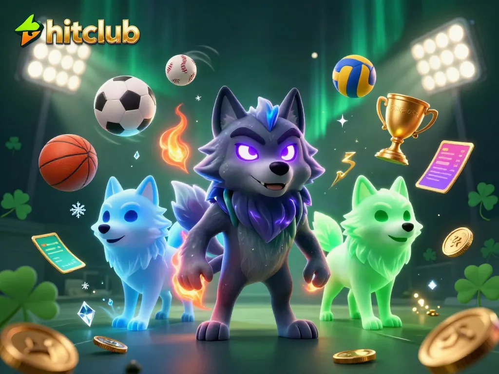 Experience the excitement of hitclub with our vibrant 3D illustration featuring dynamic sports elements and ghostly wolf characters.