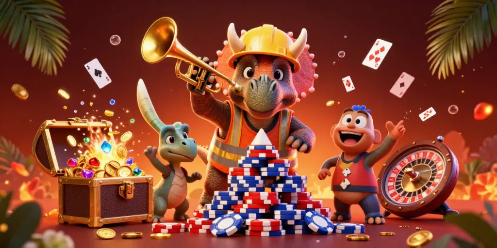 KUWIN's vibrant 3D illustration showcases a celebration of winning with cartoon dinosaurs building poker chips, floating cards, and a roulette wheel.