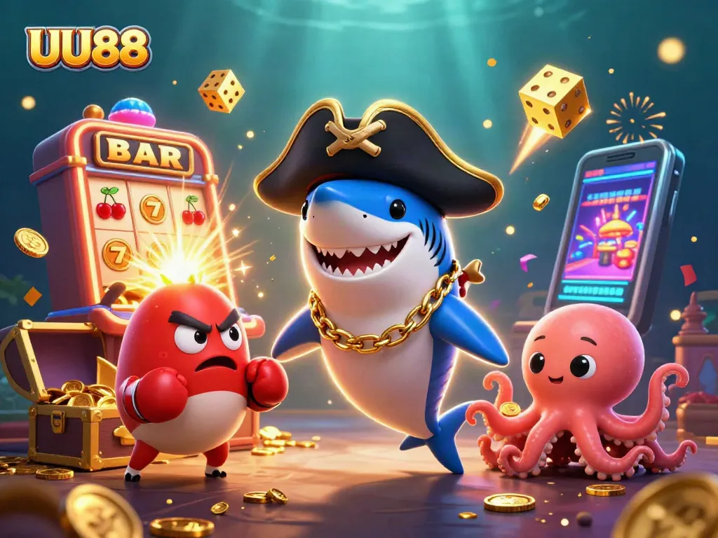 Engage in fun at UU88 with a vibrant 3D casino scene featuring a pirate shark and treasure.