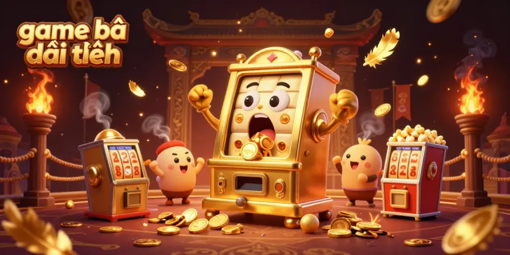 Celebrate winning at game bài đổi thưởng with a lively scene featuring cheerful slot machines and golden coins.