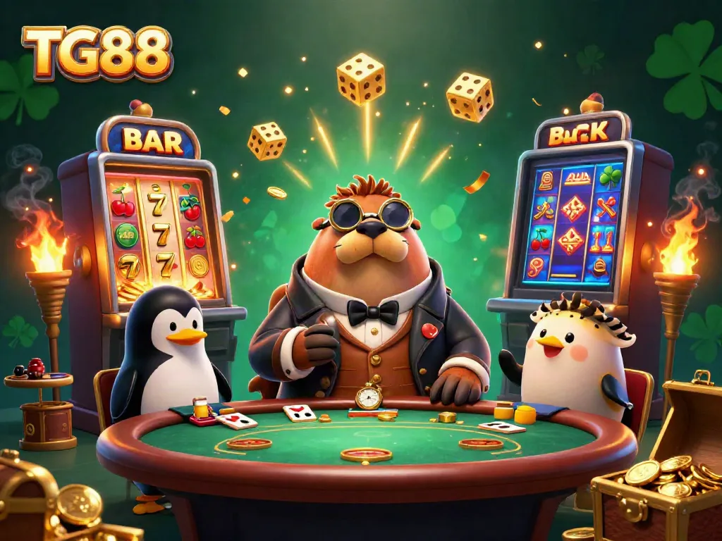 Experience the vibrant gaming atmosphere at TG88 with playful characters and exciting slot action.