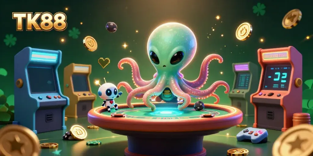 Engage in thrilling poker action with TK88's alien octopus at a holographic table.