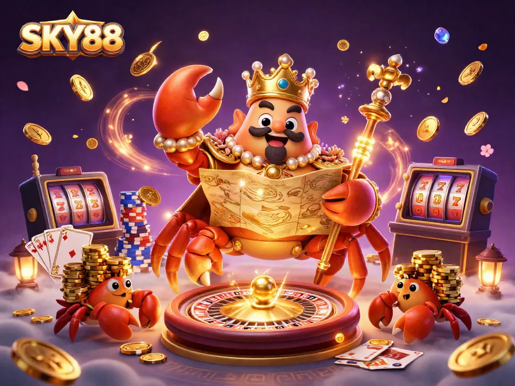 SKY88 showcases a vibrant 3D casino scene with a golden crab emperor, luxurious gaming elements, and dynamic light effects.