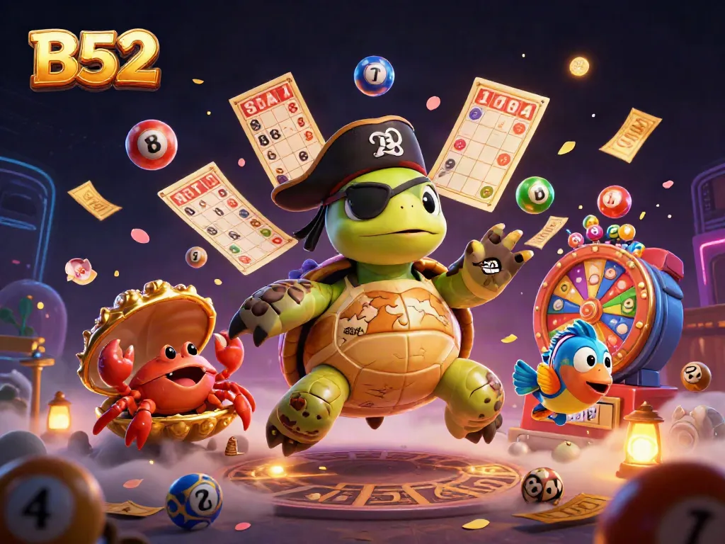 Experience the excitement at B52 with a pirate turtle, crab, and parrotfish amid a treasure-filled underwater casino scene.