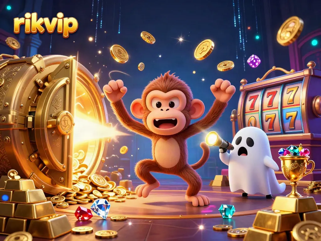 Experience the thrilling world of rikvip as a poltergeist monkey juggles casino treasures while a puppy investigates.