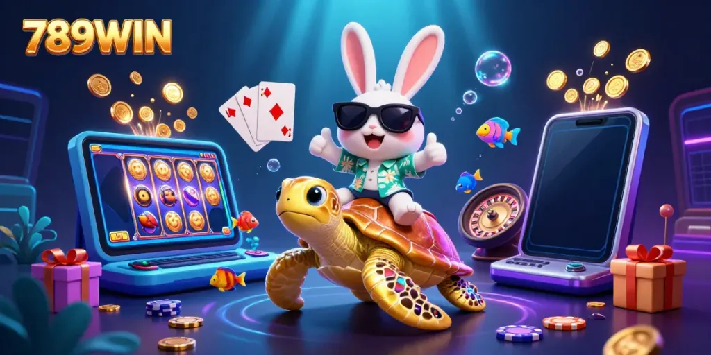 Engage in thrilling adventures with 789WIN's delightful casino-themed underwater scene featuring a lucky rabbit and golden turtle.