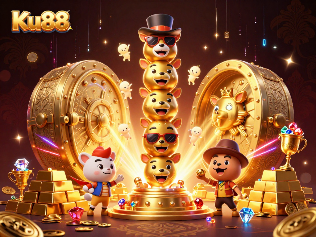 Win big on Ku88, featuring vibrant golden totem, treasure vault, and exhilarating casino elements.
