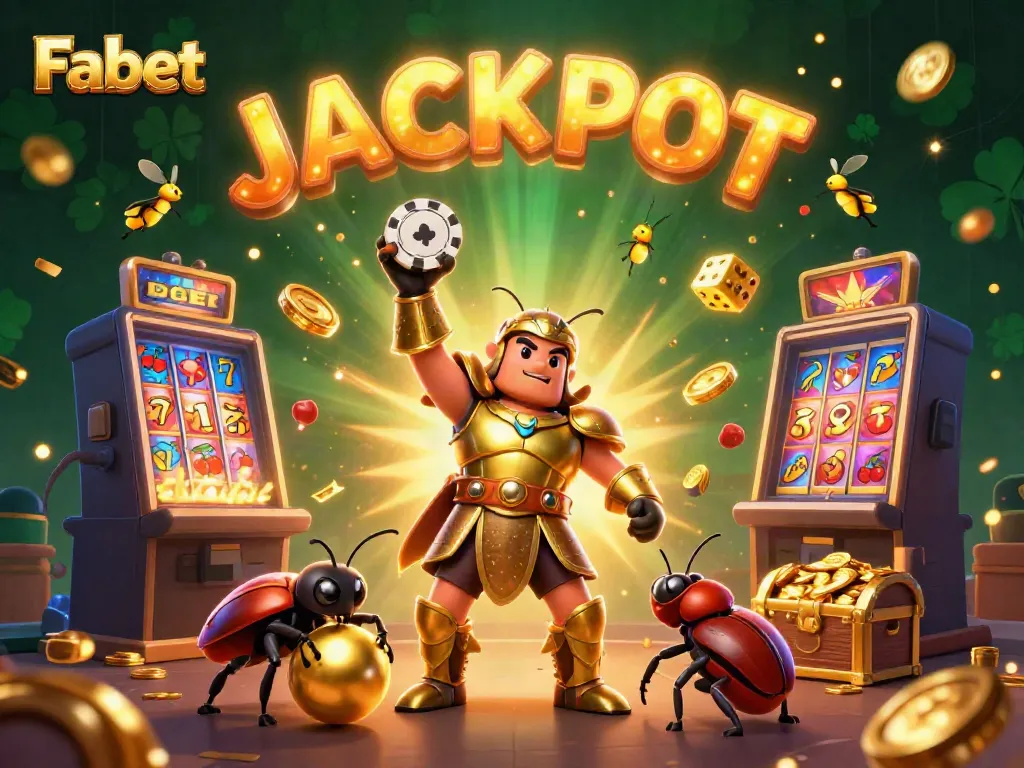 Experience the thrill of Fabet with a 3D beetle hero lifting a victory poker chip amidst exploding jackpots.