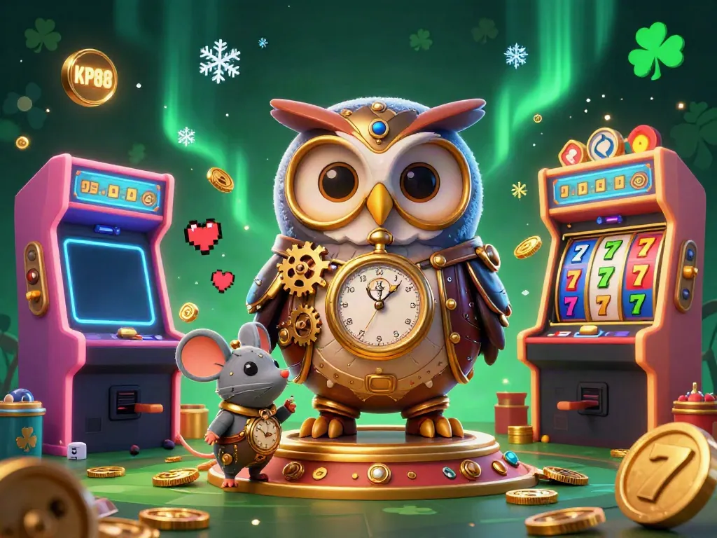 Experience excitement at KP88 with a vibrant 3D casino illustration showcasing owl and mouse characters amidst thrilling slot games.