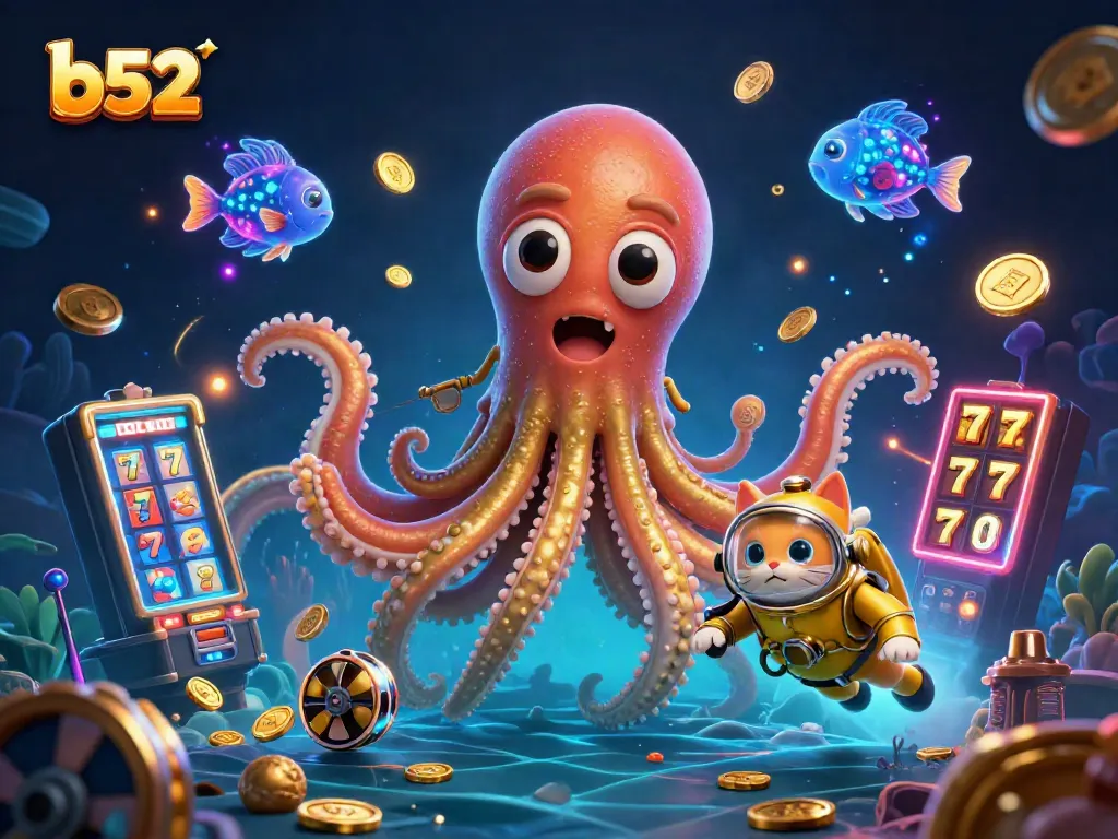 Experience thrilling rewards at b52 with an epic kraken and golden treasures in this vibrant casino illustration.