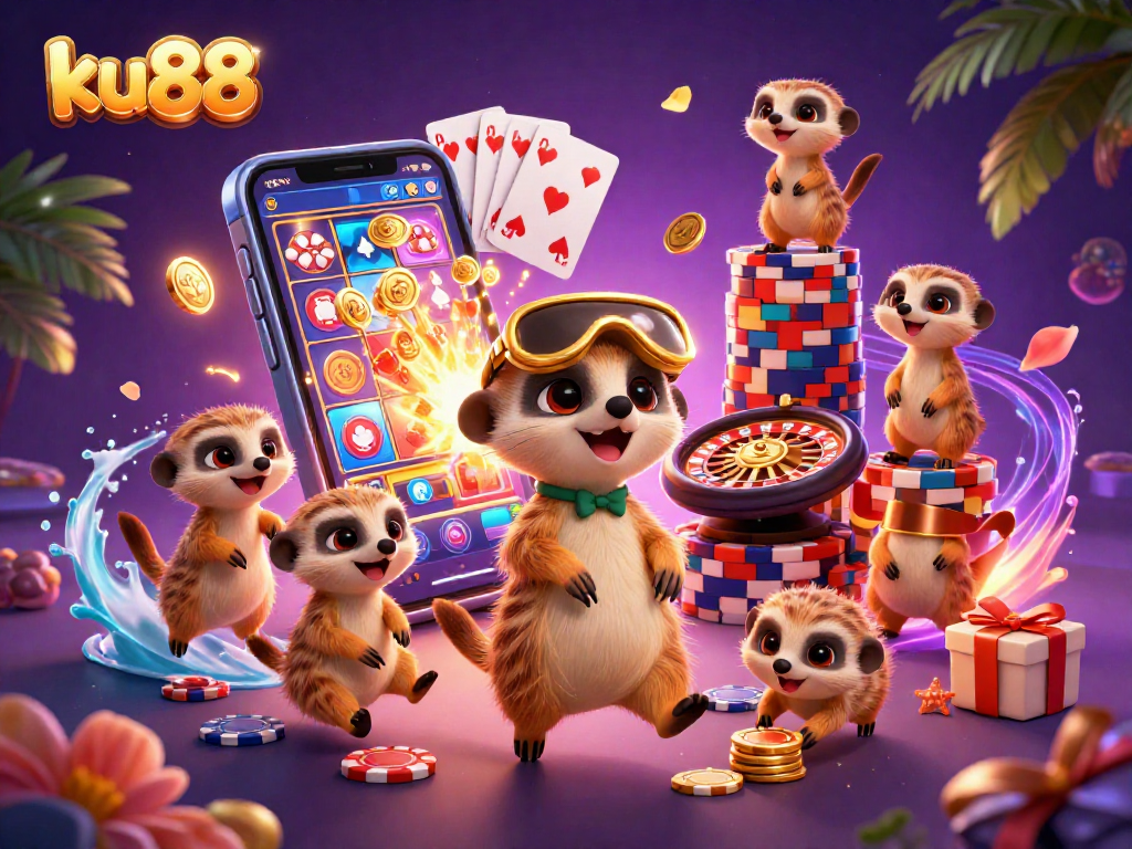 Play vibrant casino games with ku88 featuring cartoon meerkats in a dynamic casino scene.
