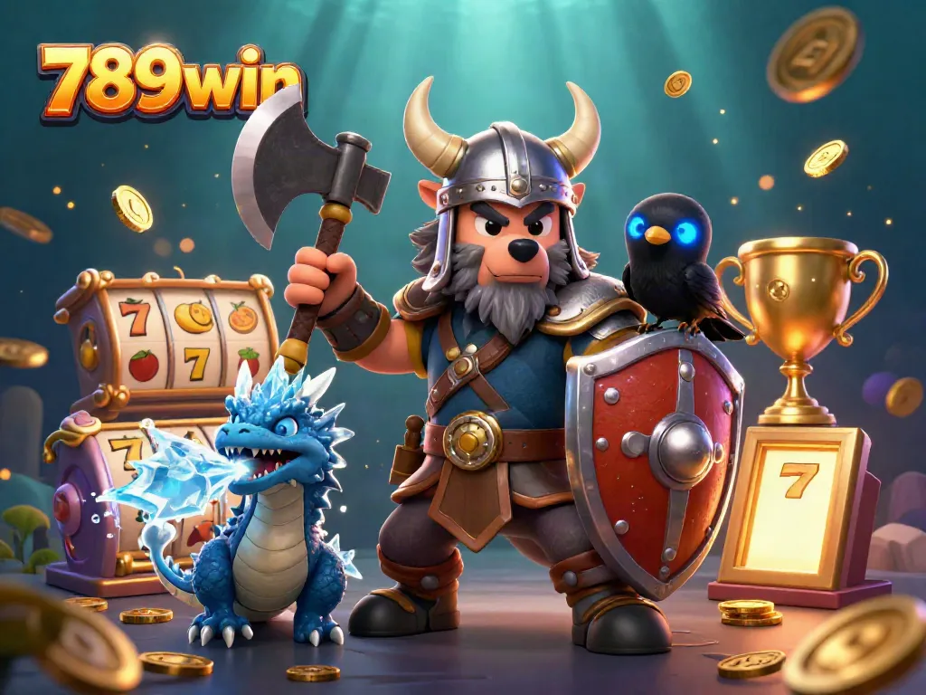 Experience thrilling slot action with 789win in this vibrant 3D casino scene featuring a Viking wolf warrior and dragon.