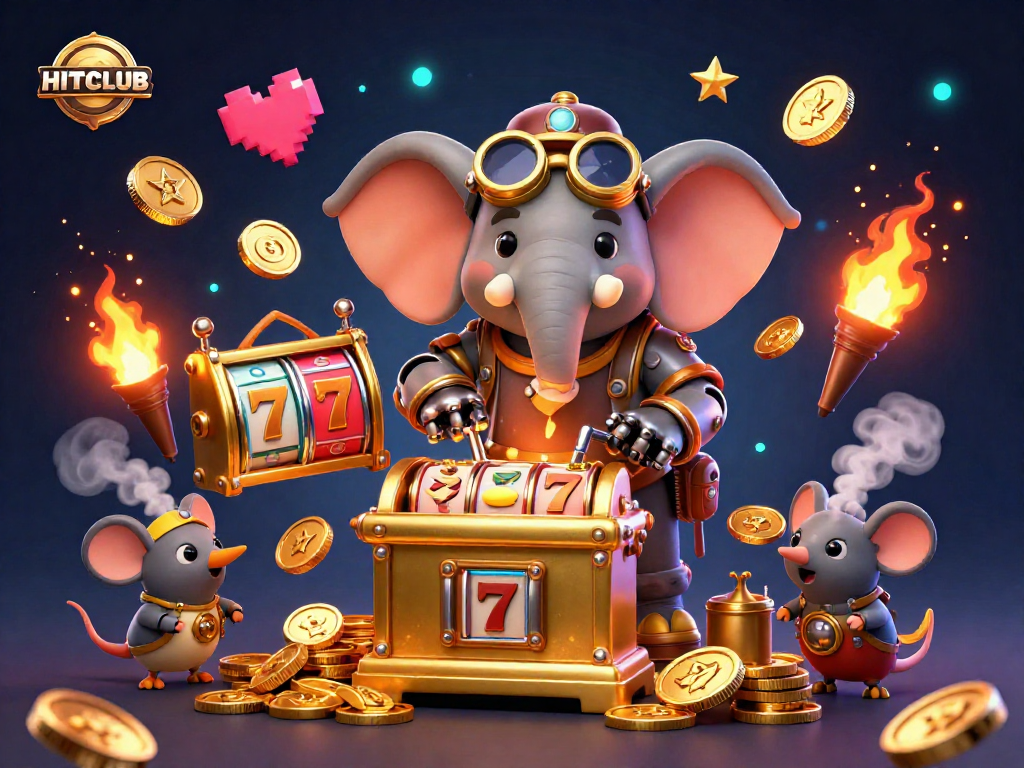 Experience thrilling gameplay at HITCLUB with a vibrant steampunk elephant character operating a golden slot machine.