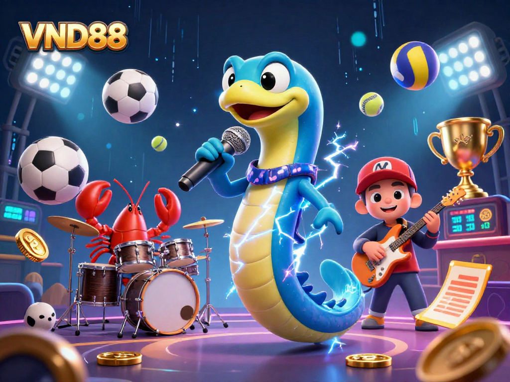 VND88 showcases an electric eel DJ in an underwater casino, highlighting dynamic sports elements.