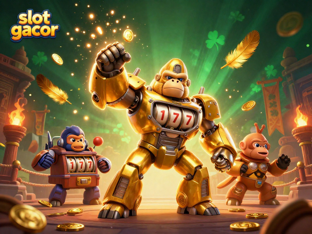 Explore slot gacor mechanics in a vibrant, action-filled casino scene with a golden gorilla mech.